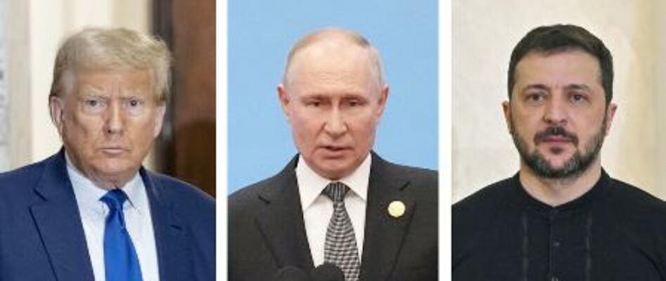 　トランプ米大統領（ゲッティ＝共同）、ロシアのプーチン大統領、ウクライナのゼレンスキー大統領（ゲッティ＝共同）