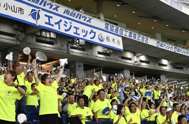 六回、逆転に成功し歓喜に沸くエイジェック側応援席＝24日夜、東京ドーム