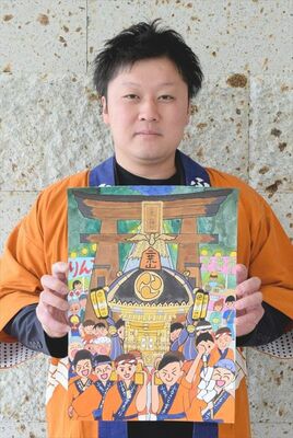 ポスター原画を手に、協賛を呼びかける林総括責任者
