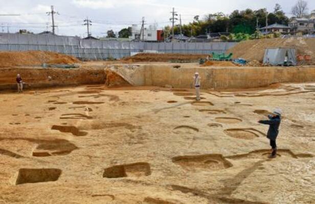 長岡宮跡で見つかった大型掘っ立て柱建物跡の一部=8日午後、京都府向日市