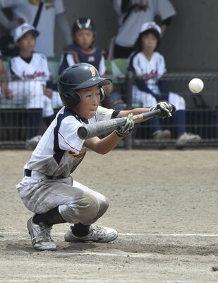 ５回、山前スピリッツの村田がスクイズを決める＝芳賀Ｂ球場
