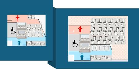 　左：実際の新千歳空港トイレ（女性個室が少ない）のイラスト