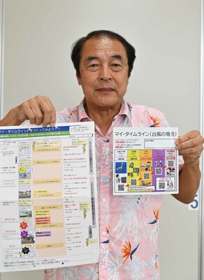 ＱＲコード付き「マイ・タイムライン」（右）と、従来の紙版を持つコンパクト判（右）を持つ佐久間会長