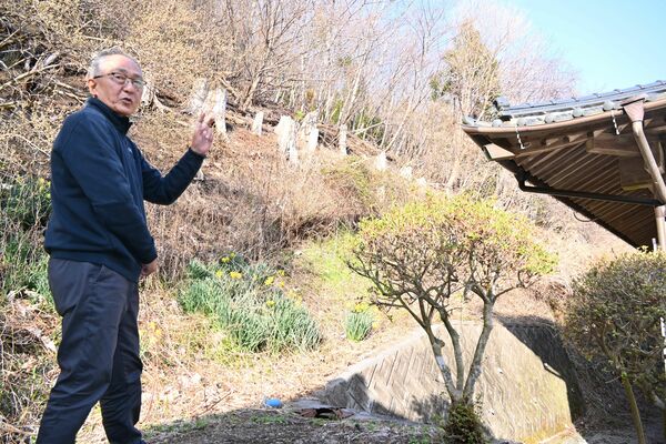 本県の消防隊が活動した山を眺める上野さん。火は斜面を下り家に迫った＝５日午後、岩手県大船渡市赤崎町合足