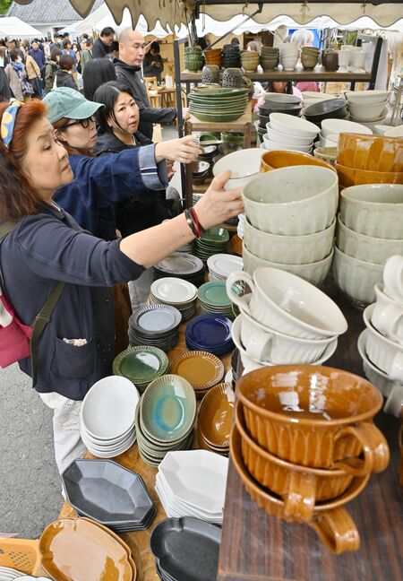 陶器を手に取り品定めする来場者＝29日午前９時45分、益子町益子