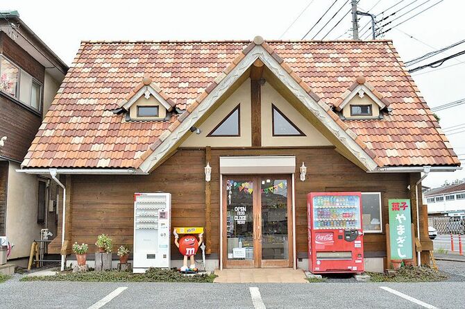 モザイク模様の屋根が映える外観