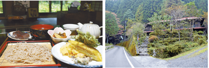 料理はどれも心がこもった温かい味㊧、山奥の細い道を抜けるとポツンと店が㊨