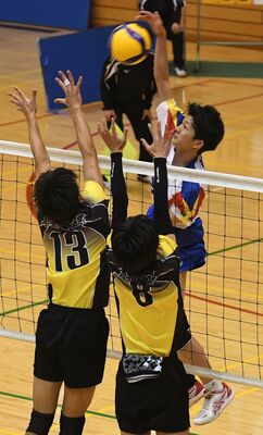 男子準決勝でスパイクを放つ足大付の岩岡＝３日、ＤＡＩＫＹＯアリーナ佐野