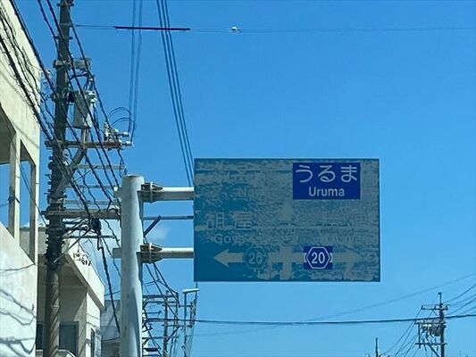 視認性が悪くなった国道３２９号の道路案内標識＝８月、沖縄市