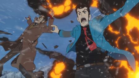 　アニメ「ＬＵＰＩＮ　ＴＨＥ　ＩＩＩＲＤ　銭形と２人のルパン」より。爆発に巻き込まれる銭形とルパン（原作：モンキー・パンチ　（Ｃ）ＴＭＳ）