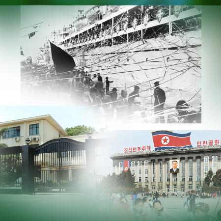 　新潟港を出発する帰還船（上）、北朝鮮・平壌中心部の金日成広場（右下）、北京の日本大使館（左下）のコラージュ