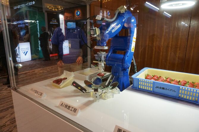 安川電機と福岡県が研究、開発中のイチゴのパック詰めロボット=11月中旬、福岡市中央区