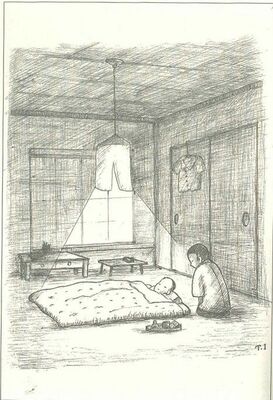 井上さんの著書「学童疎開空腹物語」の挿絵。疎開中に衰弱して布団から立ち上がれなくなった友人もいた