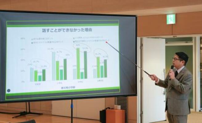 記者会見でアンケートの結果について発表するあしなが育英会の岩田有史調査統計課長=4日午前、仙台市青葉区