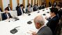 　政府与党連絡会議であいさつする高市首相（左端）。右手前から２人目は日本維新の会の吉村代表＝１３日午後、首相官邸
