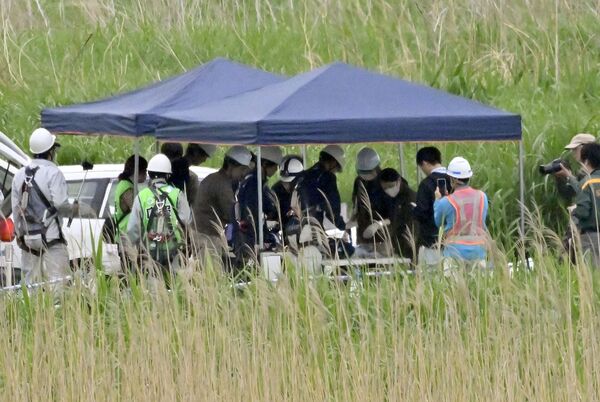 テントの中でコウノトリのひなに足輪装着などをする作業員ら