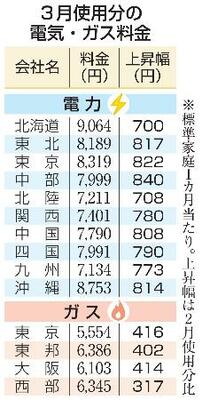 3月使用分の電気・ガス料金
