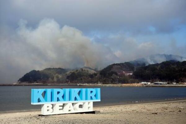 　山林火災が続き、煙に覆われる岩手県大槌町＝２５日午後