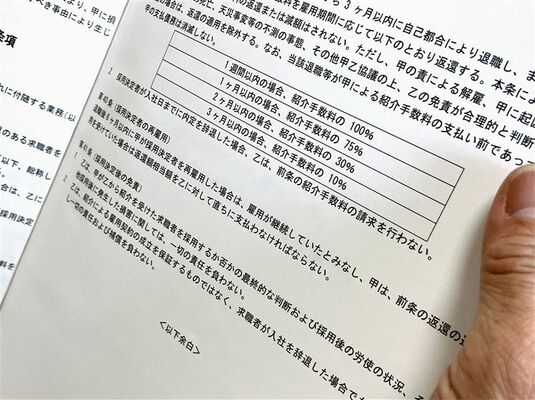 介護事業所の女性が、人材紹介会社と結んだ契約書。紹介手数料の取り扱いが書かれている