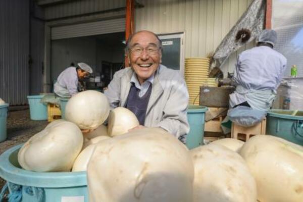 伝統野菜「弘岡カブ」を扱う「石元食品」先代社長の石元健二さん=4日、高知市