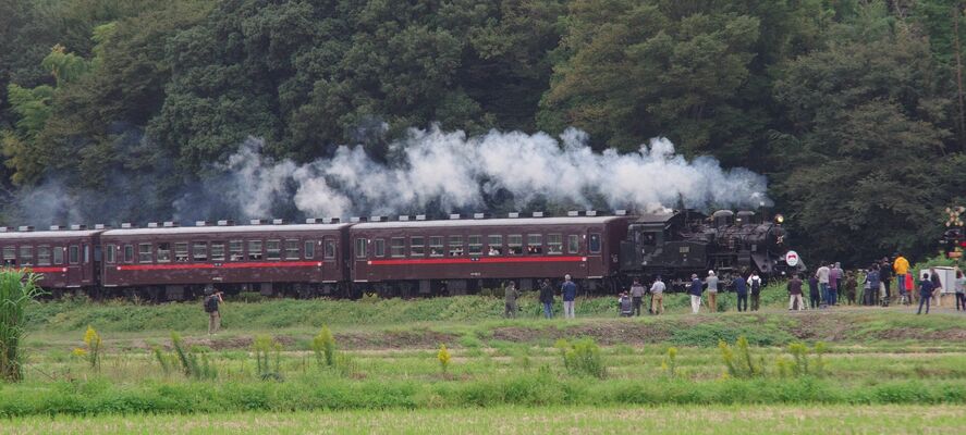 白煙を上げて走行するＳＬと集まった鉄道ファン