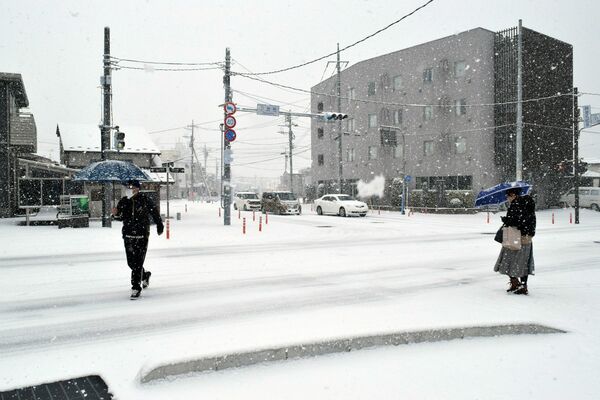 真っ白に雪化粧した今市地区の市街地＝24日午前９時50分、日光市中央町