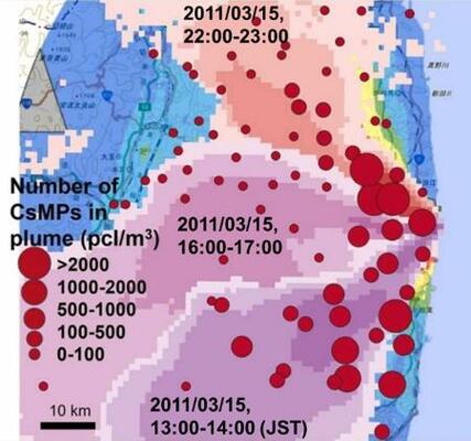 福島第1原発から放出された放射性プルーム(雲)1立方メートル当たりのセシウムを含んだ微粒子の個数。円が大きいほど多い(宇都宮聡・台湾大教授提供)