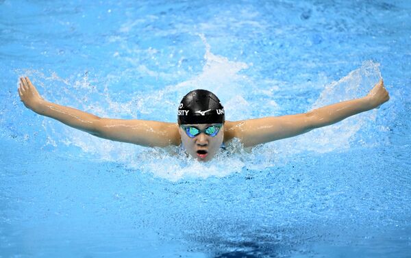 女子２００メートルバタフライＢ決勝　２着となった後藤（東洋大）＝東京アクアティクスセンター、森田大地撮影