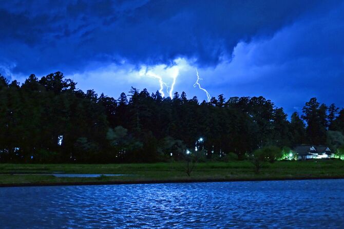 黒雲から杉並木周辺に落ちる幾筋もの稲妻。突然、吹き出した激しい風雨は杉を大きく揺らした＝５月１日夜、日光市森友（30秒間露光）