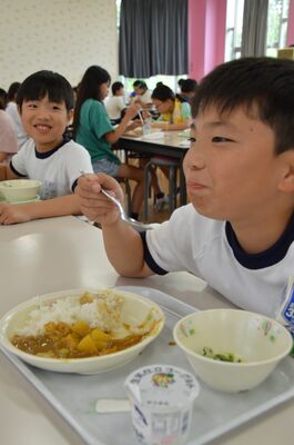 うまみたっぷりの有機野菜カレーを味わう児童