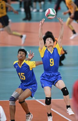 第３セット、足大付の出井がトスを上げる。左は中峯＝東京体育館、森田大地撮影