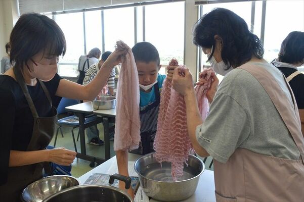 ソメイヨシノの染液で染めたストールを媒染液に漬け込もうとする参加者