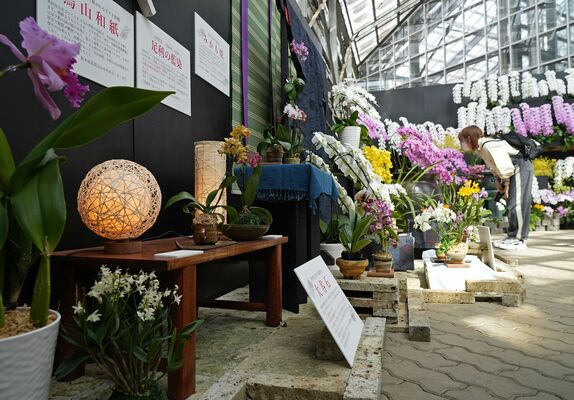 県内の工芸品とランが並ぶ展示会場