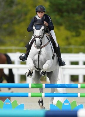 馬術成年女子ダービー決勝　本県の広田思とキャンベラＺ号が障害を飛び越える＝兵庫県の三木ホースランドパーク