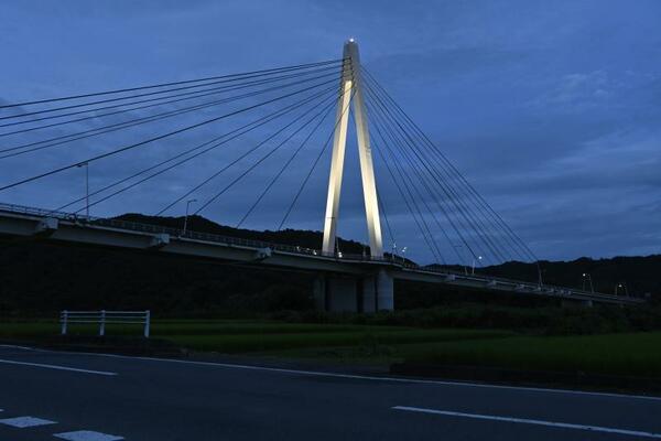 日没後に浮かび上がった烏山大橋の主塔