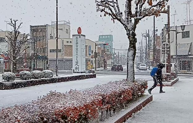 雪化粧したＪＲ足利駅前＝24日午前10時、足利市伊勢町１丁目