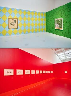 「アルルカンに扮したパウロ」(左の絵)と同じひし形模様を壁にデザインした部屋(上)、赤い壁に並べたピカソの闘牛の絵画(撮影:小野正博〈fort〉)(提供写真)