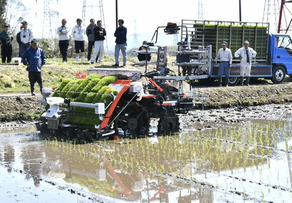 無人で動く自動運転の機械が用いられた田植え作業＝３日午前10時、大田原市滝岡