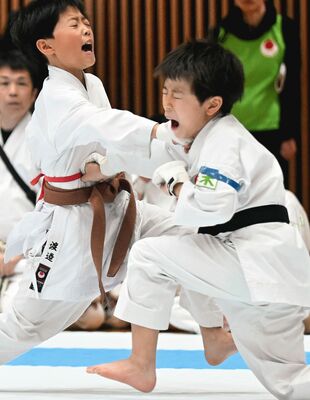 団体組手高学年　大田原－宇都宮Ａ決勝　大将戦で澤畑（宇都宮Ａ、右）が中段突きで技ありを奪う＝ユウケイ武道館