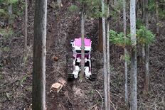 遠隔で木を伐採、搬送「ラジコン式伐倒作業車」で実演　スマート林業推進へ…