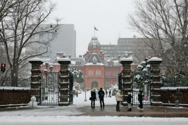 降雪が続く札幌市内。奥は北海道庁旧本庁舎=14日午後2時4分