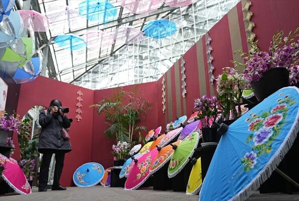 色とりどりの傘や花が展示されている会場