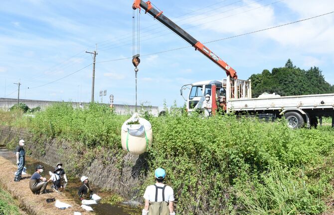 駆除したアマゾントチカガミを詰めたフレコンバッグを引き上げるトラック=11日午前、宇都宮市