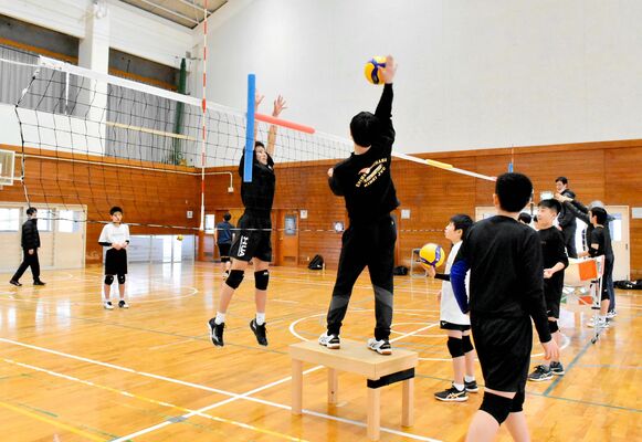 愛媛県新居浜市の男子バレーボールクラブ「新居浜クラブユース」。市内の中学生部員が参加し、教職員ＯＢや社会人チームの選手から指導を受ける＝２月、同市の金栄小学校