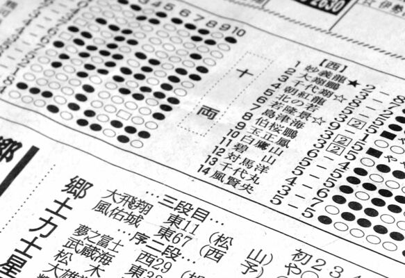 愛媛新聞運動面の十両星取表。序列は番付表に基づく。今夏場所で風賢央関は西の十両14枚目だった