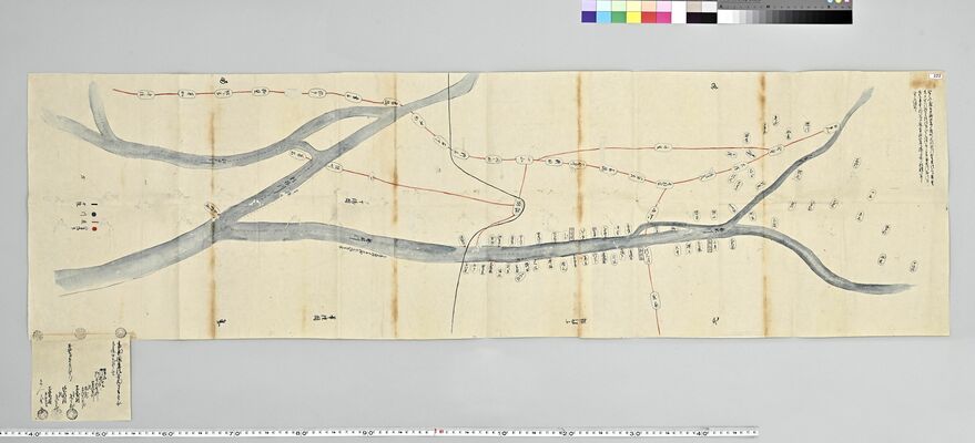 日光から江戸までの筏の経路を記した「鬼怒川川筋河岸場書入絵図」（日光市歴史民俗資料館所蔵）