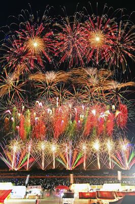 大勢の観衆の前で打ち上げられた花火＝12日午後８時５分、宇都宮市道場宿町