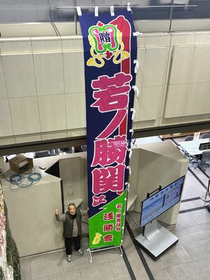 若ノ勝の相撲のぼりを掲げ、応援を呼びかける内藤さん