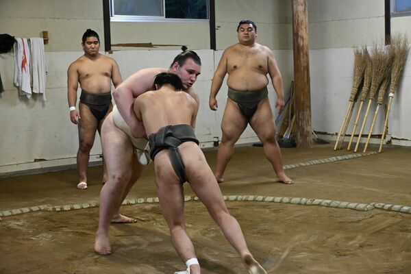 安青錦関（中央奥）とぶつかり稽古を行う相撲部員