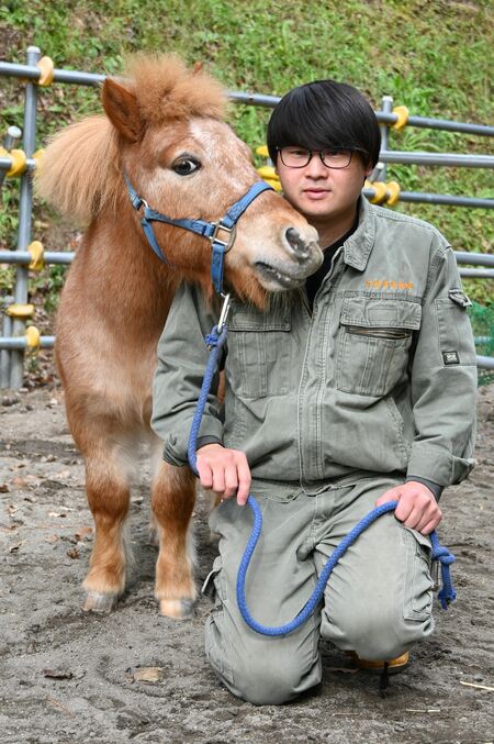 飼育員の篠原さんに顔を寄せて甘えるポニーのてつろー